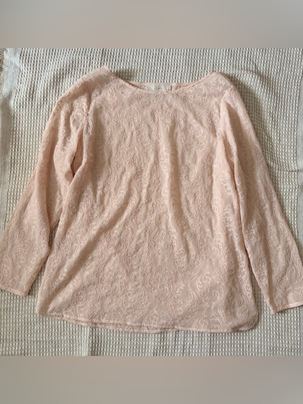 LOFT Light Pink Embroidered Semi Sheer Top Large Petite